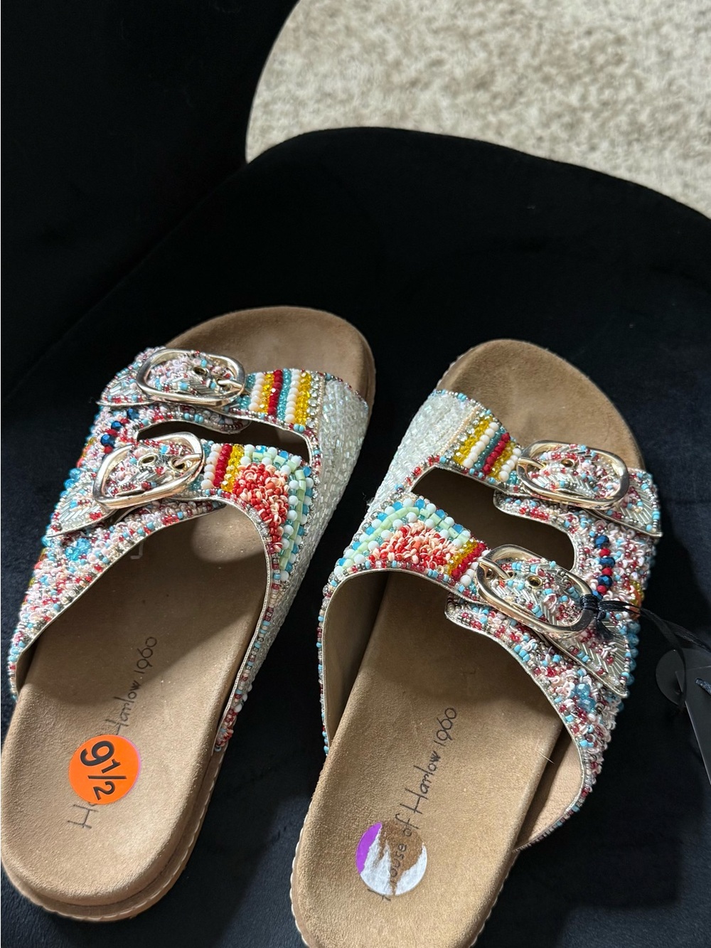 House of Harlow 1960 Beaded Multi-Color Double-Buckle Slide Sandals